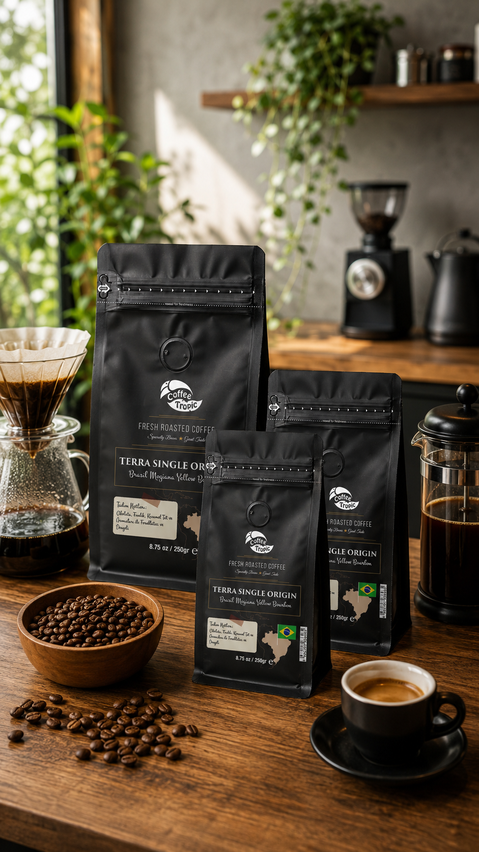 CoffeeTropic'in açık kavrum ve koyu kavrum kahve seçenekleri