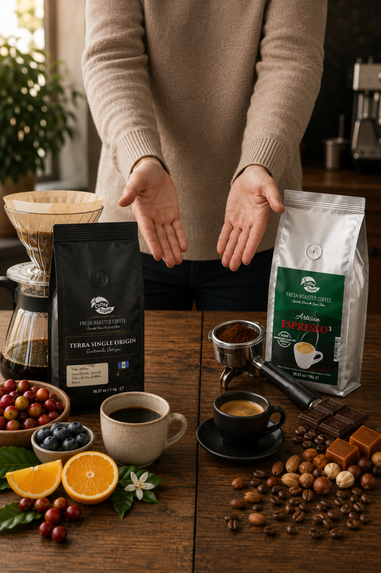 Single Origin ve Blend kahve arasında seçim yapmayı anlatan görsel