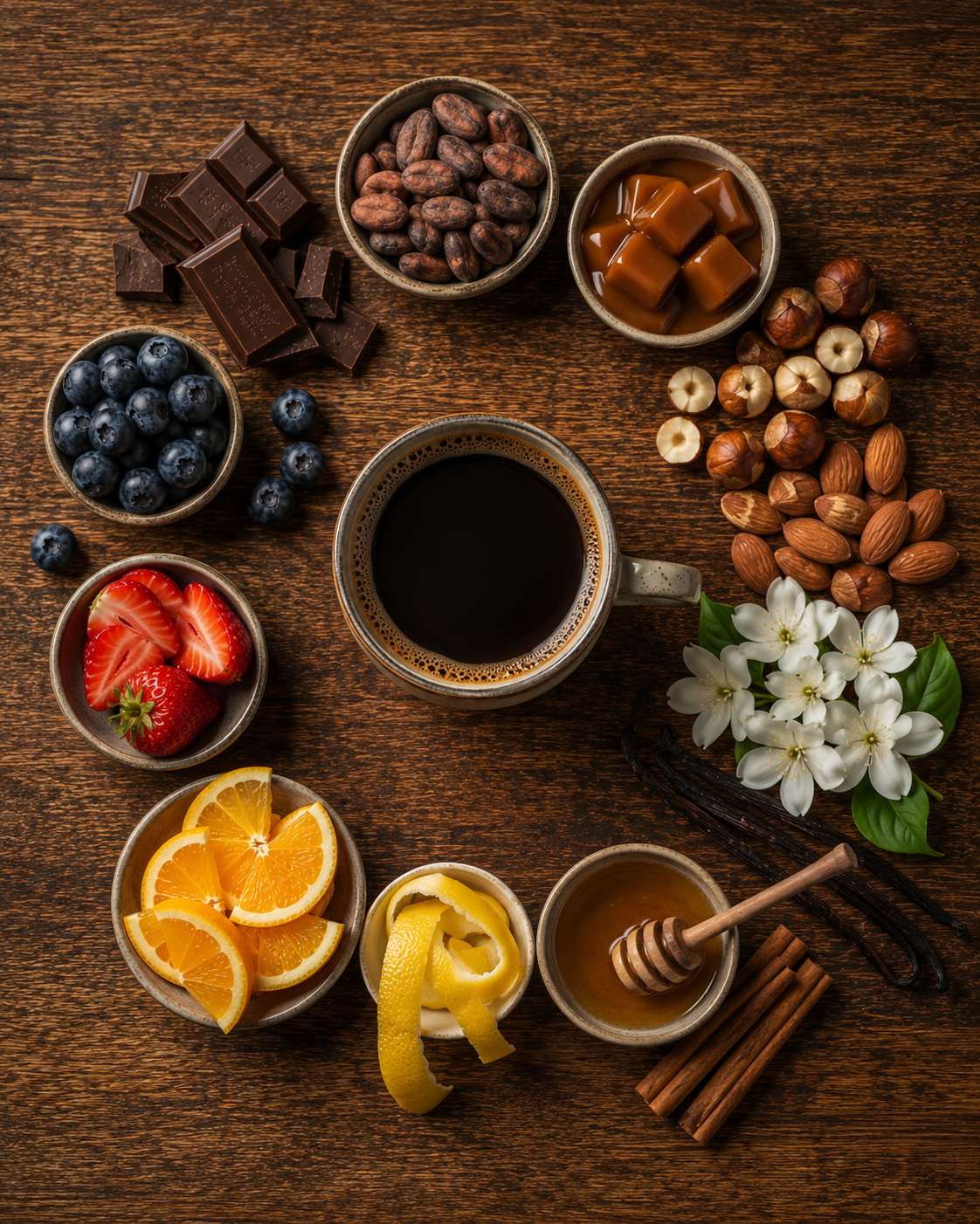 Kahve tadımında en sık karşılaşılan aroma ve tat notalarını gösteren görsel