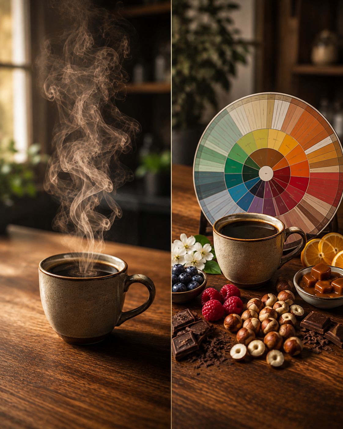 Kahvede aroma ve tat notalarının farkını açıklayan karşılaştırma görseli