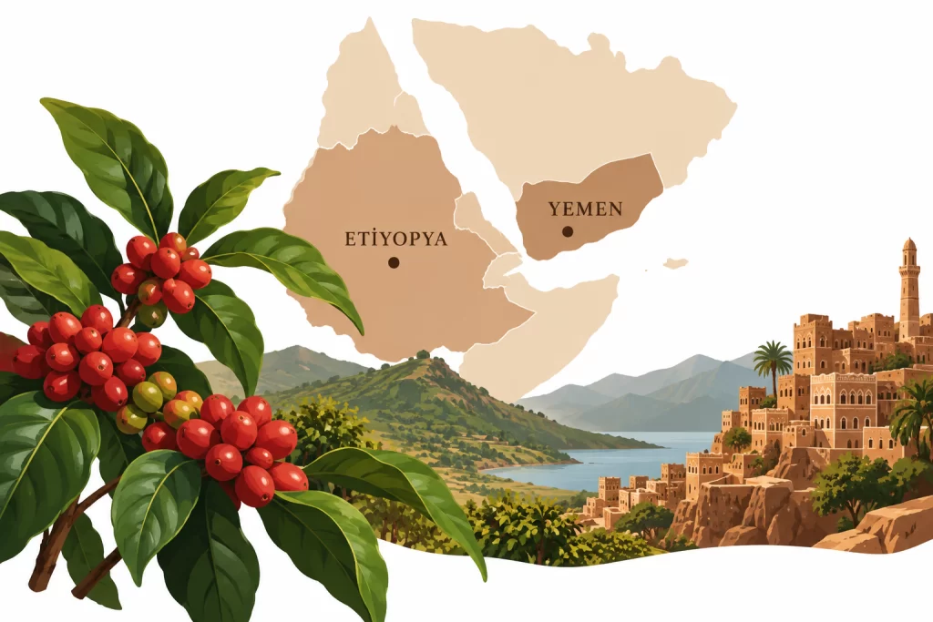 Kahvenin keşfi ve tarihini anlatan, Etiyopya ve Yemen haritası, kırmızı kahve meyveleri ve geleneksel Yemen mimarisinin yer aldığı illüstrasyon.