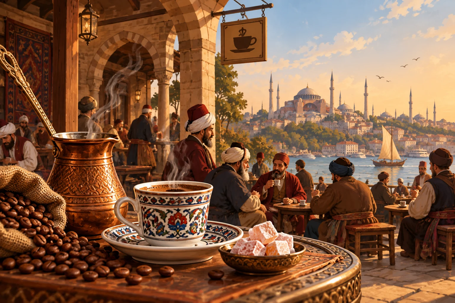 Osmanlı döneminde İstanbul'da kahve kültürünü yansıtan tarihî kahvehane, geleneksel Türk kahvesi, bakır cezve ve sohbet eden insanlar.